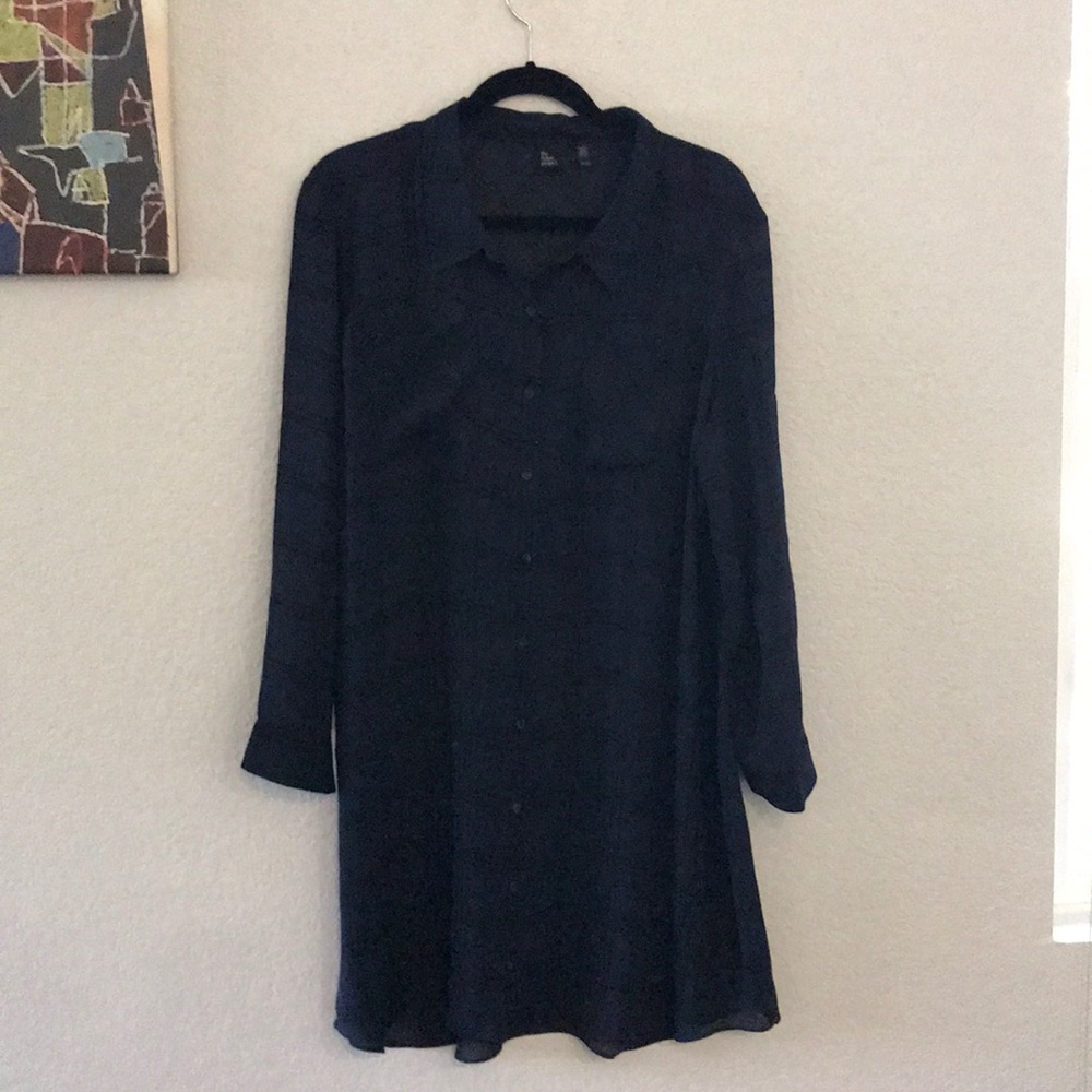 Navy blue and black plaid blouse.